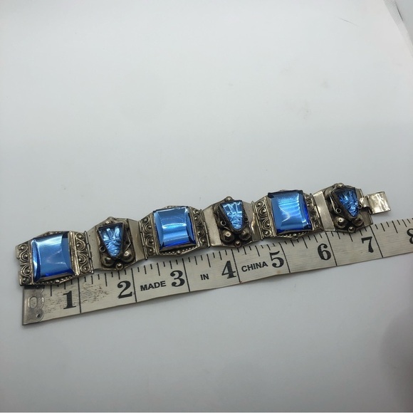70S Taxco Sterling Silver & Blue Glass Mayan Warrior God Panel Bracelet 7” - Picture 9 of 9